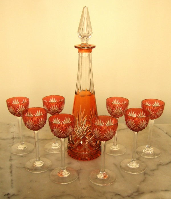 St Louis crystal liquor decanter, orange overlay, Masset patternLiquor