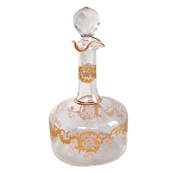 St Louis crystal liquor decanter, Louis XV style fine gold gilt decoration