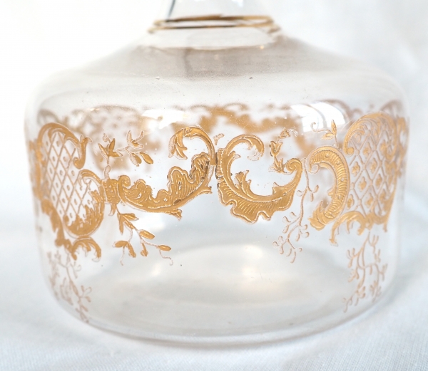 St Louis crystal liquor decanter, Louis XV style fine gold gilt decoration