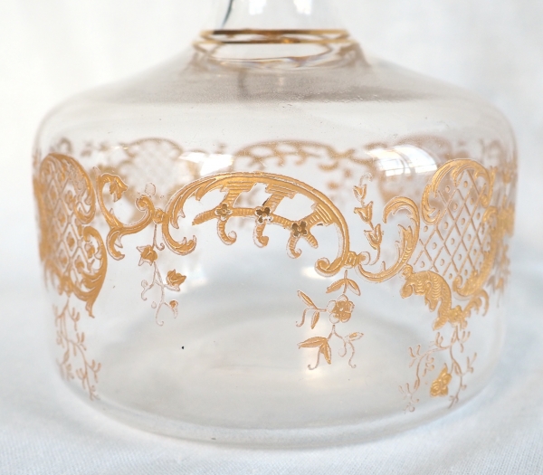 St Louis crystal liquor decanter, Louis XV style fine gold gilt decoration