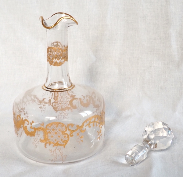 St Louis crystal liquor decanter, Louis XV style fine gold gilt decoration