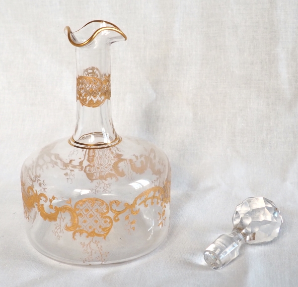 St Louis crystal liquor decanter, Louis XV style fine gold gilt decoration