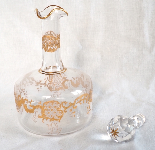 St Louis crystal liquor decanter, Louis XV style fine gold gilt decoration