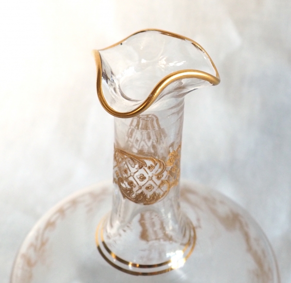 St Louis crystal liquor decanter, Louis XV style fine gold gilt decoration