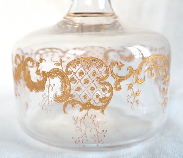 St Louis crystal liquor decanter, Louis XV style fine gold gilt decoration