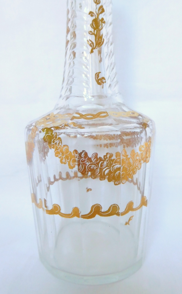 Louis XVI glass liquor bottle enhanced with fine gold, 18th century