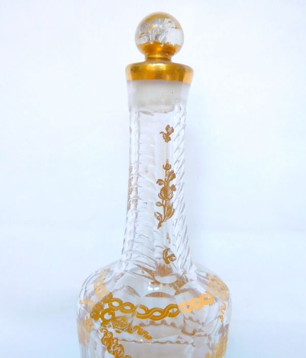 Louis XVI glass liquor bottle enhanced with fine gold, 18th century