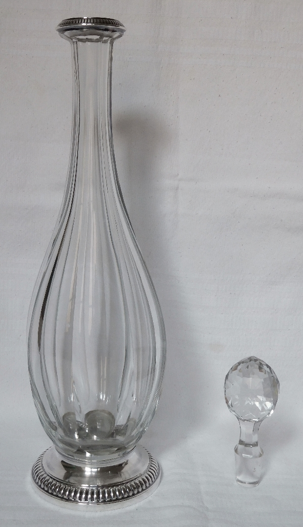 Puiforcat & Baccarat crystal wine decanter, Malmaison pattern, sterling silver base and bottleneck