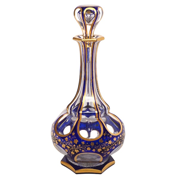 Baccarat crystal wine decanter, blue overlay enhanced with fine gold - mid 19th century circa 1850