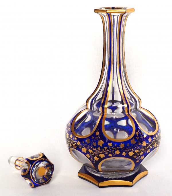 Baccarat crystal wine decanter, blue overlay enhanced with fine gold - mid 19th century circa 1850