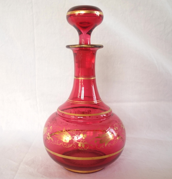 Baccarat crystal wine decanter / liquor bottle, red overlay crystal - Napoleon III period