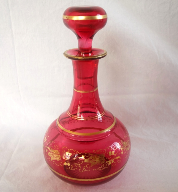 Baccarat crystal wine decanter / liquor bottle, red overlay crystal - Napoleon III period