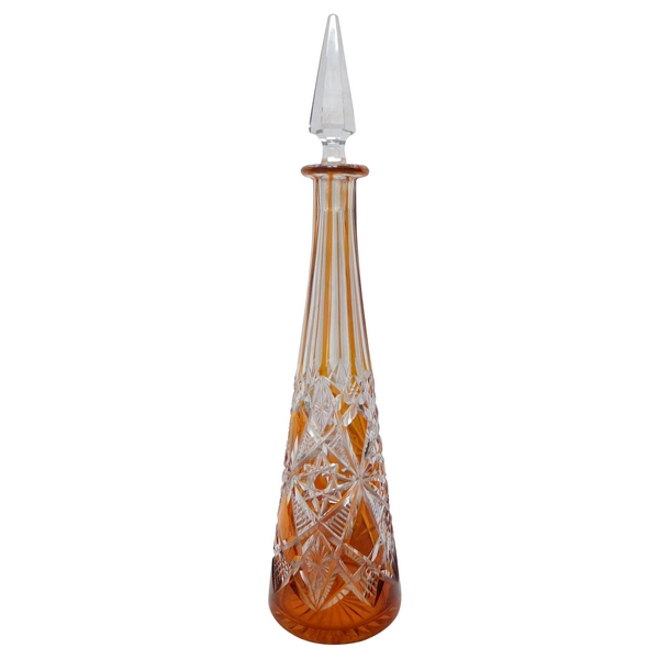 Tall orange overlay Baccarat crystal wine decanter, Lagny pattern