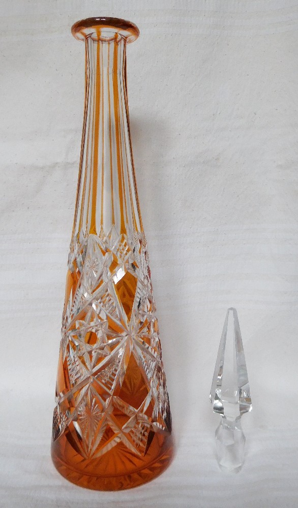 Tall orange overlay Baccarat crystal wine decanter, Lagny pattern