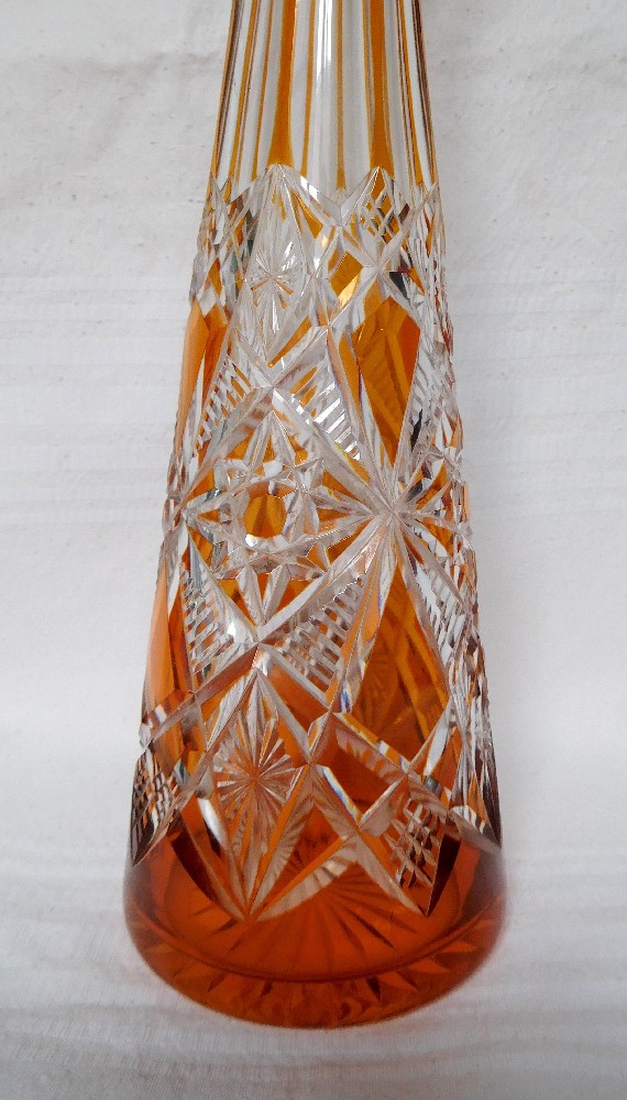 Orange overlay Baccarat crystal liquor decanter, Lagny pattern