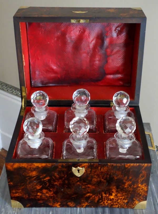 Burr wallnut and Le Creusot crystal liquor set, Empire period, early 19th century
