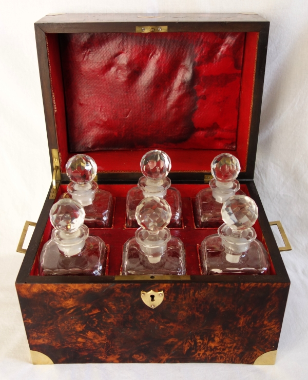 Burr wallnut and Le Creusot crystal liquor set, Empire period, early 19th century