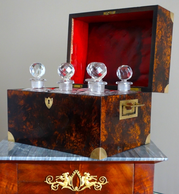 Burr wallnut and Le Creusot crystal liquor set, Empire period, early 19th century