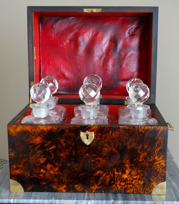 Burr wallnut and Le Creusot crystal liquor set, Empire period, early 19th century