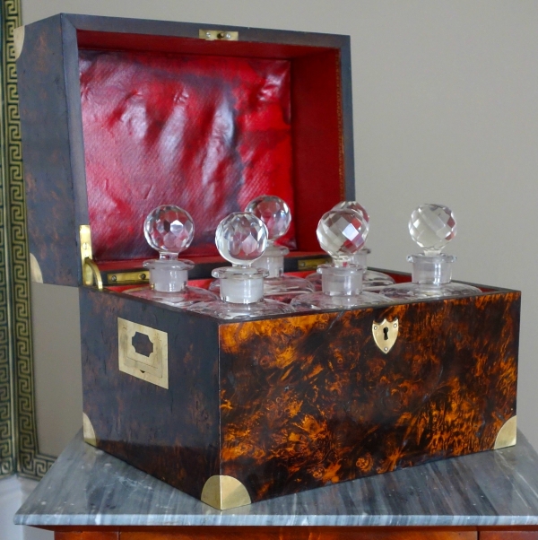 Burr wallnut and Le Creusot crystal liquor set, Empire period, early 19th century