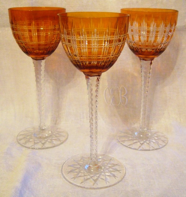 Baccarat overlay crystal hock glass, Cavour pattern, rare orange overlay colour