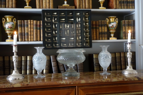 Le Creusot : coupe compotier, centre de table en cristal taillé, époque Empire Restauration