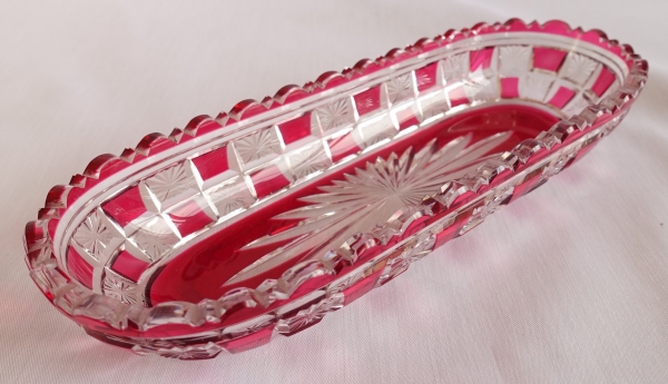 Antique French Baccarat crystal brush box, pink overlay Diamants etoiles pattern