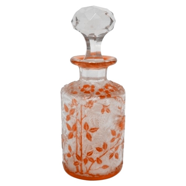 Tall Baccarat crystal perfume bottle, Eglantier pattern, orange overlay crystal - 21cm - signed