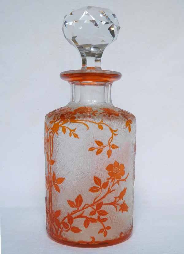 Tall Baccarat crystal perfume bottle, Eglantier pattern, orange overlay crystal - 21cm - signed