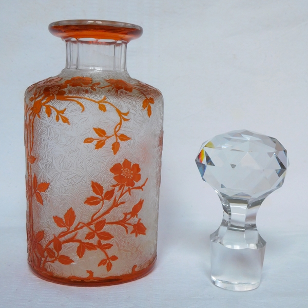 Tall Baccarat crystal perfume bottle, Eglantier pattern, orange overlay crystal - 21cm - signed