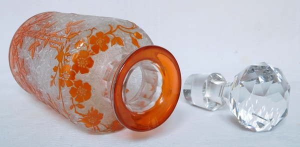 Tall Baccarat crystal perfume bottle, Eglantier pattern, orange overlay crystal - 21cm - signed