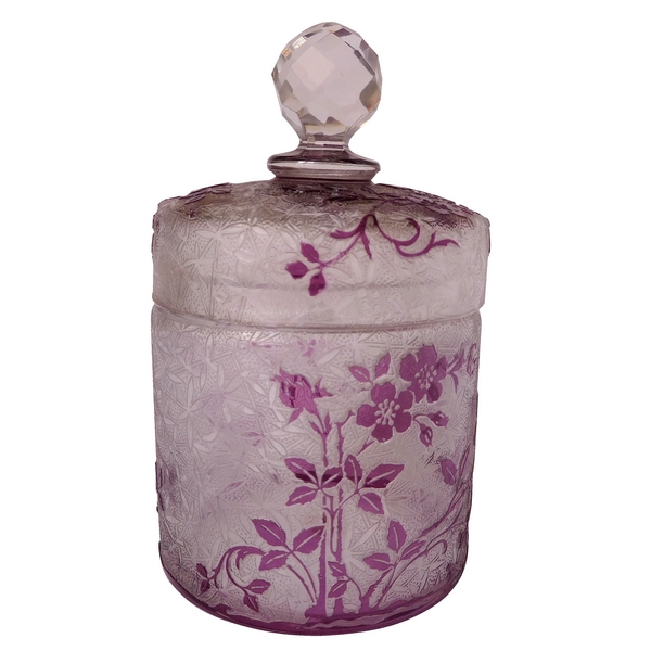 Baccarat crystal powder box, Eglantier pattern, purple overlay crystal - paper sticker