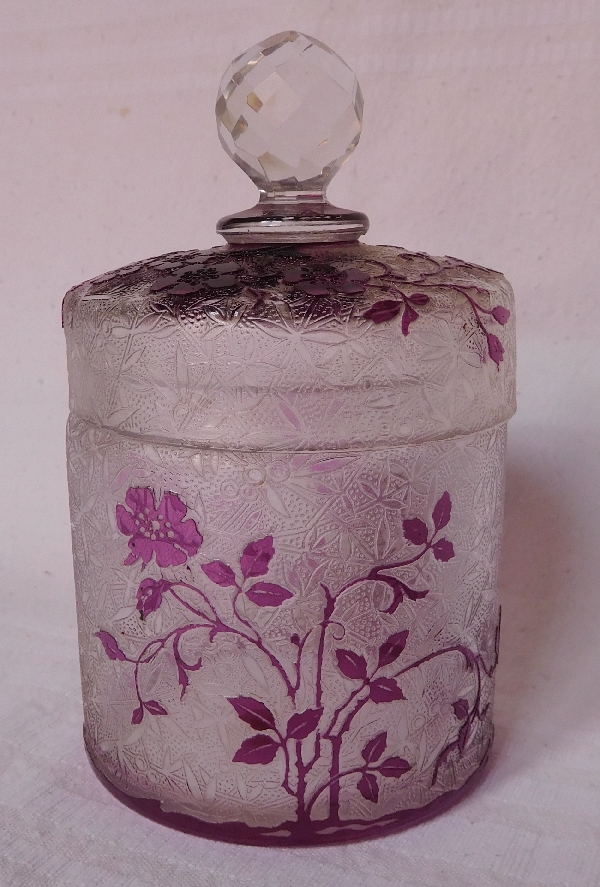 Baccarat crystal powder box, Eglantier pattern, purple overlay crystal - paper sticker