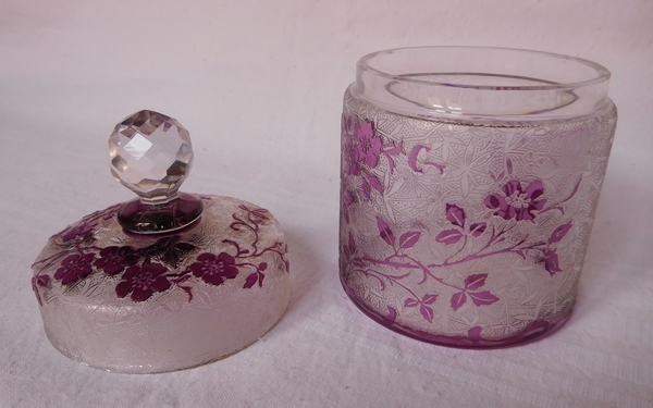 Boîte à poudre en cristal de Baccarat, modèle Eglantier violet - étiquette papier