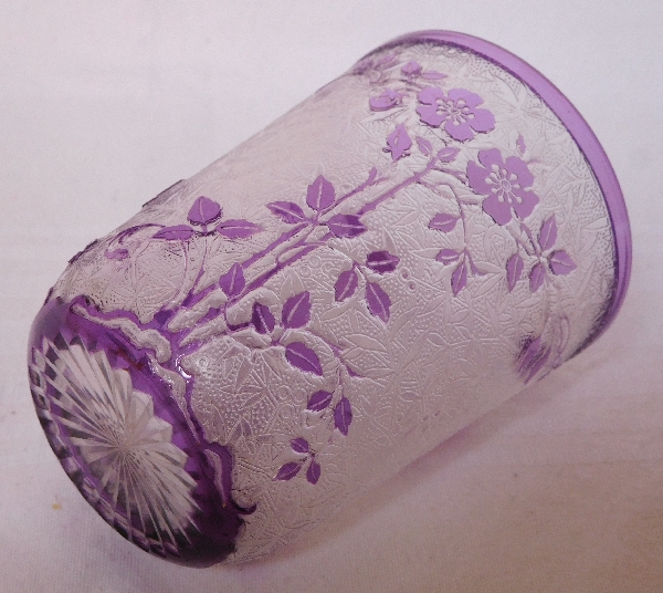 Baccarat crystal tooth glass, Eglantier pattern, purple overlay crystal