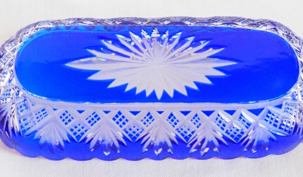 Baccarat crystal pin box, cobalt blue overlay crystal, Douai pattern