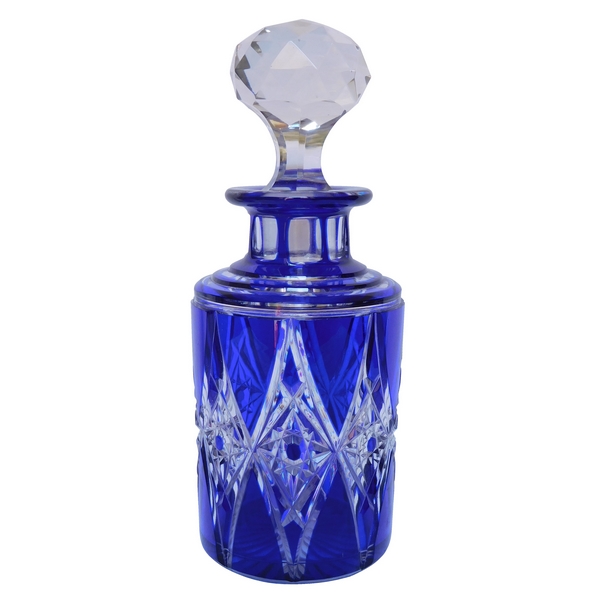 Baccarat crystal perfume bottle, rare blue cobalt overlay cut pattern - 18cm