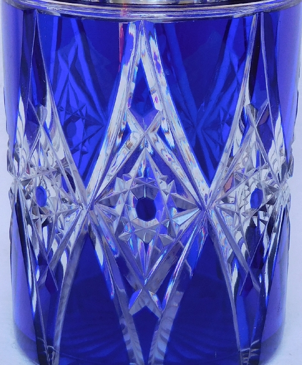 Tall Baccarat crystal perfume bottle, rare blue cobalt overlay cut pattern - 21cm