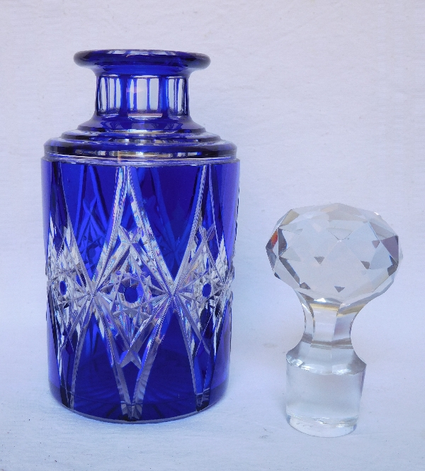 Baccarat crystal perfume bottle, rare blue cobalt overlay cut pattern - 18cm