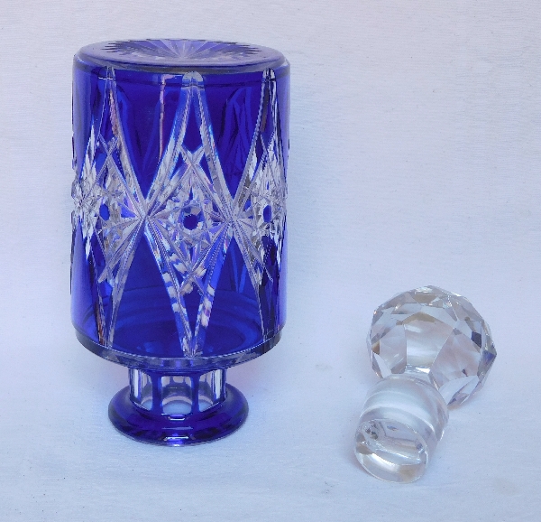 Tall Baccarat crystal perfume bottle, rare blue cobalt overlay cut pattern - 21cm