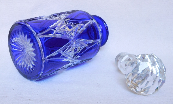 Baccarat crystal perfume bottle, rare blue cobalt overlay cut pattern - 18cm