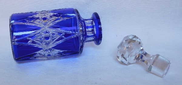 Tall Baccarat crystal perfume bottle, rare blue cobalt overlay cut pattern - 21cm