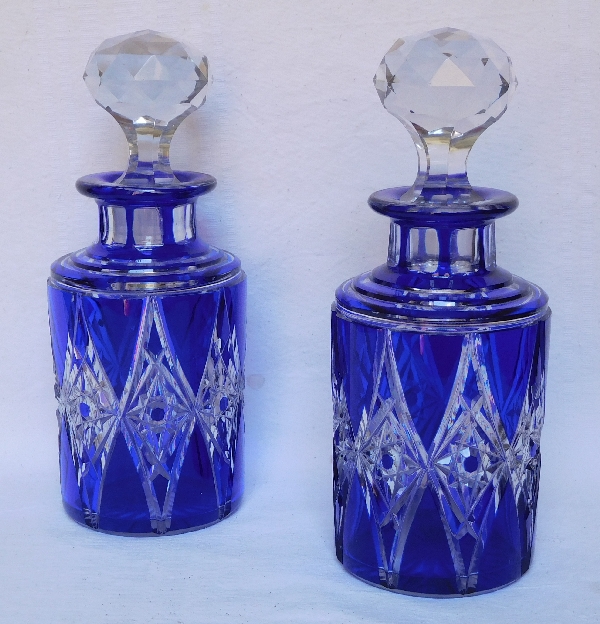 Tall Baccarat crystal perfume bottle, rare blue cobalt overlay cut pattern - 21cm