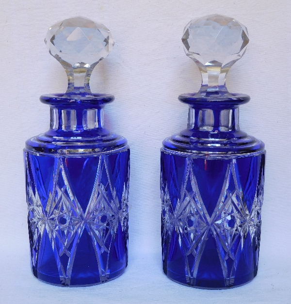 Baccarat crystal perfume bottle, rare blue cobalt overlay cut pattern - 18cm