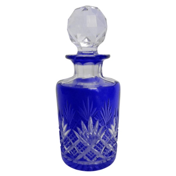 Antique French Baccarat crystal perfume bottle, blue overlay crystal, Douai pattern