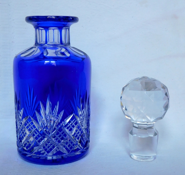 Antique French Baccarat crystal perfume bottle, blue overlay crystal, Douai pattern - 15.5cm