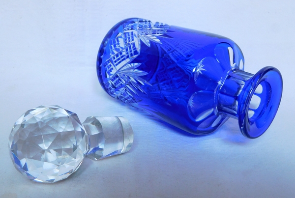 Antique French Baccarat crystal perfume bottle, blue overlay crystal, Douai pattern - 15.5cm