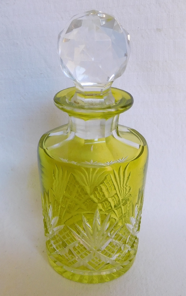 Antique French Baccarat crystal perfume bottle, light green overlay crystal, Douai pattern