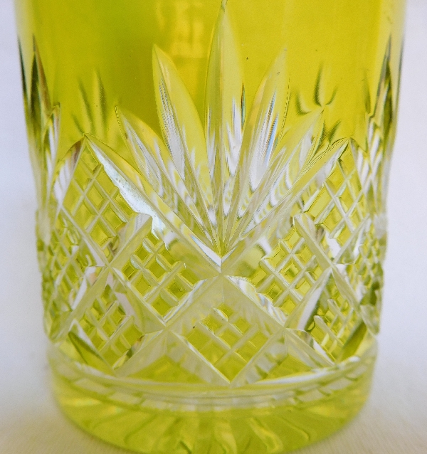 Antique French Baccarat crystal perfume bottle, light green overlay crystal, Douai pattern