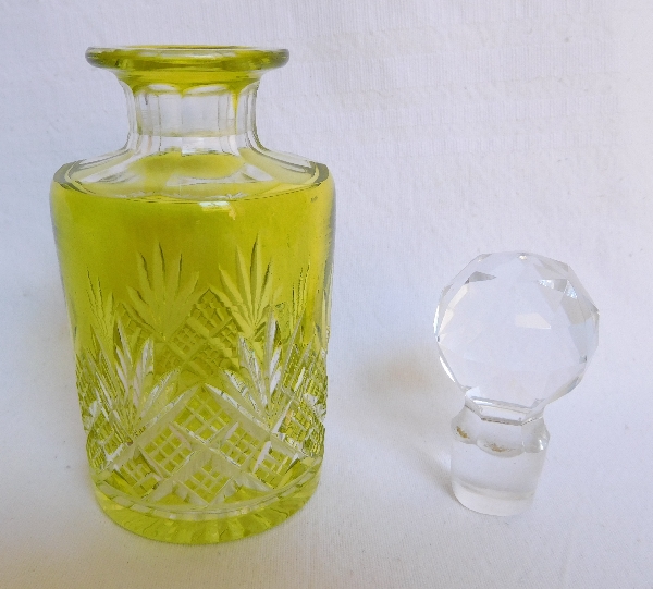 Antique French Baccarat crystal perfume bottle, light green overlay crystal, Douai pattern